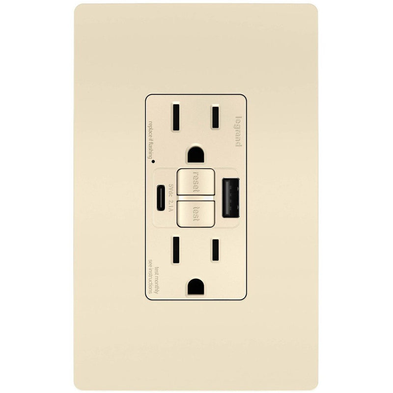 GFCI with USB-AC Charging Combo Outlet, Tamper Resistant, 15A, Light Almond
