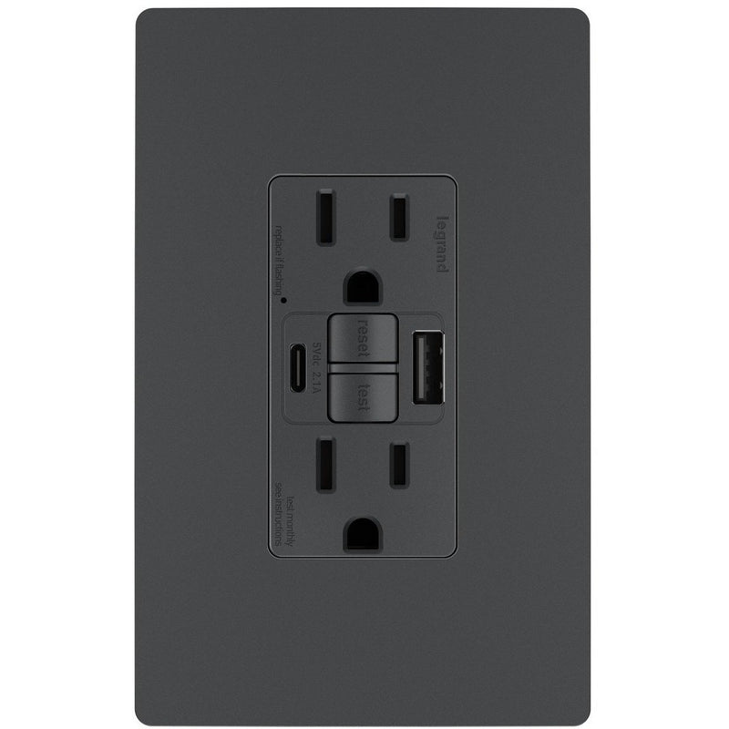 GFCI with USB-AC Charging Combo Outlet, Tamper Resistant, 15A, Graphite, Left Side, Includes Wall Plate