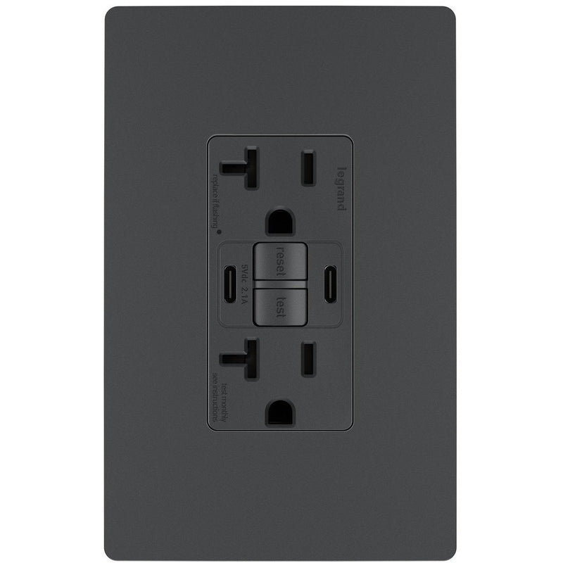 GFCI with USB-CC Charging Combo Outlet, Tamper Resistant, 20A, Graphite, Includes Wall Plate