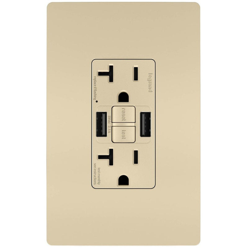 GFCI with USB-AC Charging Combo Outlet, Tamper Resistant, 20A, Ivory, Includes Wall Plate
