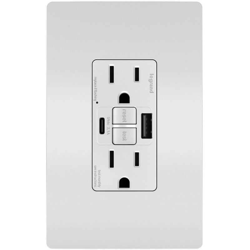 GFCI with USB-AC Charging Combo Outlet, Tamper Resistant, 15A, White, Includes Wall Plate