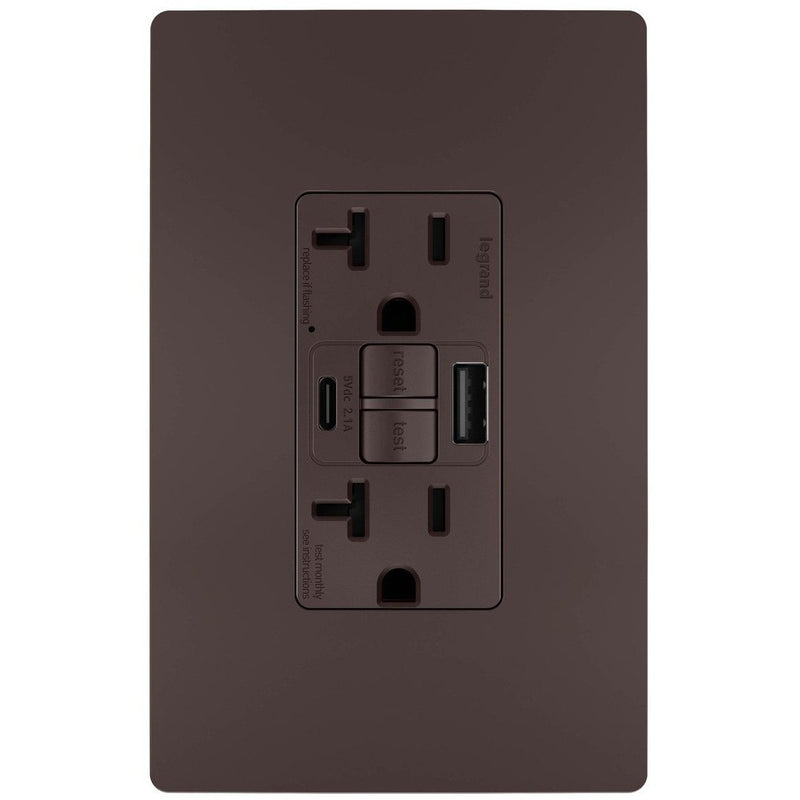 Legrand 2097TRUSBACDB GFCI and USB Charger Combo Outlet, Dark Bronze, Front, Includes Wall Plate