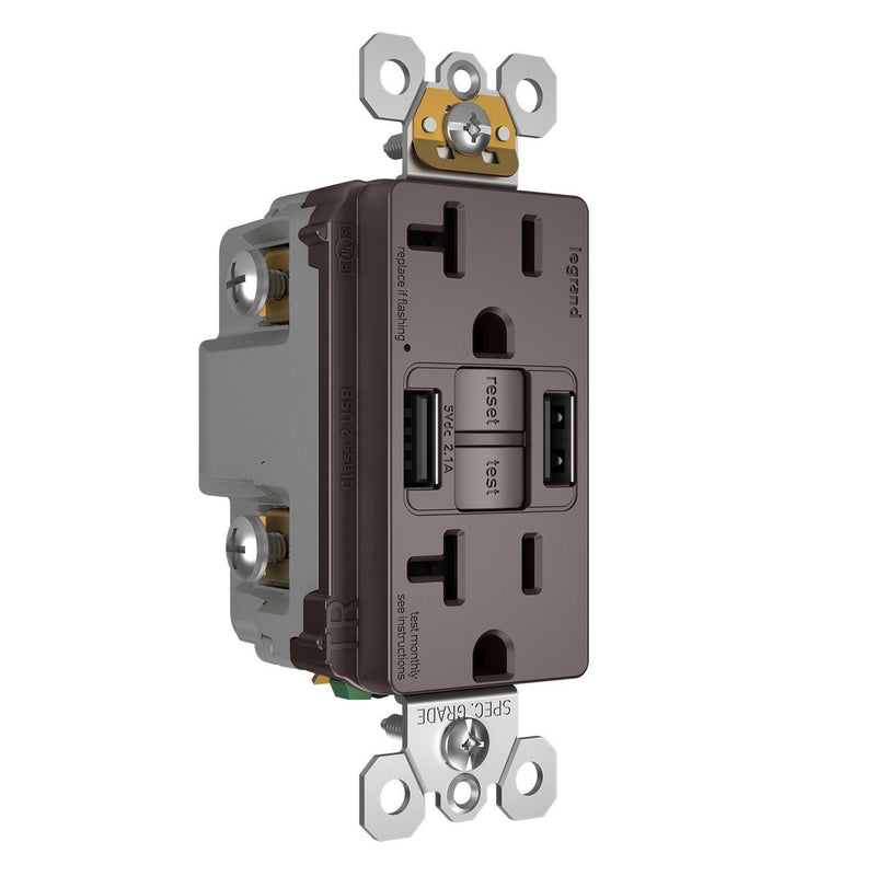 GFCI with USB-AA Charging Combo Outlet, Tamper Resistant, 20A, Brown, Left Side