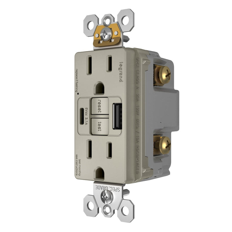 GFCI with USB-AC Charging Combo Outlet, Tamper Resistant, 15A, Nickel, Right Side