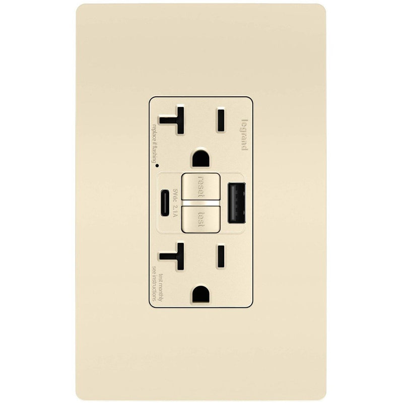 2097TRUSBACW, USB-AC Charging and GFCI Outlet, 20A, Light Almond, Front, Includes Wall Plate