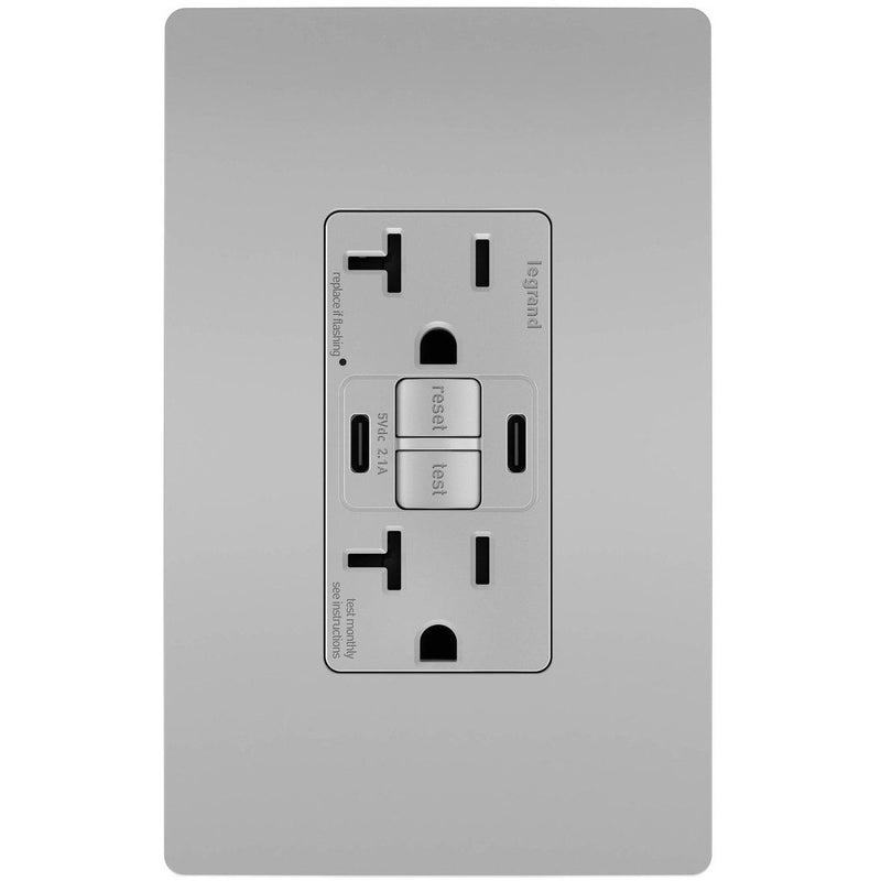 GFCI with USB-CC Charging Combo Outlet, Tamper Resistant, 20A, Gray, Includes Wall Plate