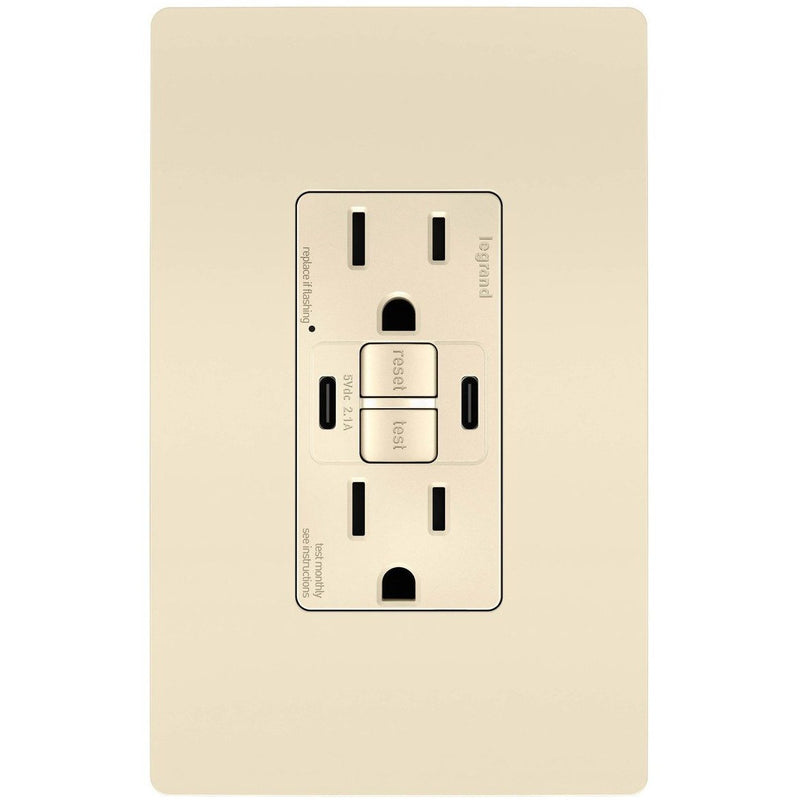 GFCI with USB-CC Charging Combo Outlet, TR, 15A, Light Almond, Includes Wall Plate