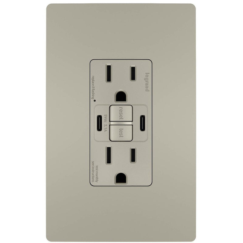 GFCI with USB-CC Charging Combo Outlet, Tamper Resistant, 15A, Nickel, Includes Wall Plate