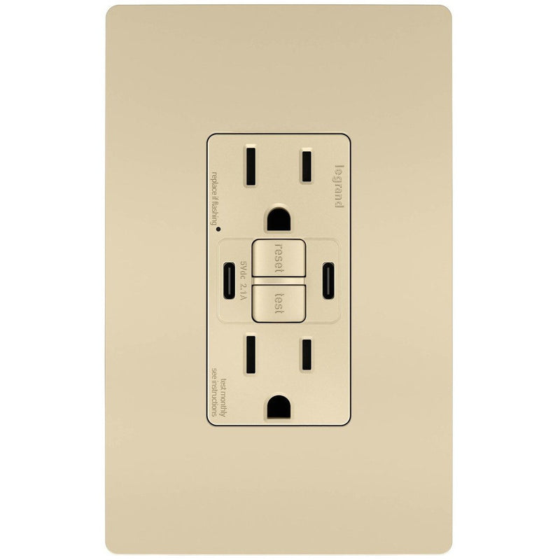 GFCI with USB-CC Charging Combo Outlet, Tamper Resistant, 15A, Ivory, Includes Wall Plate