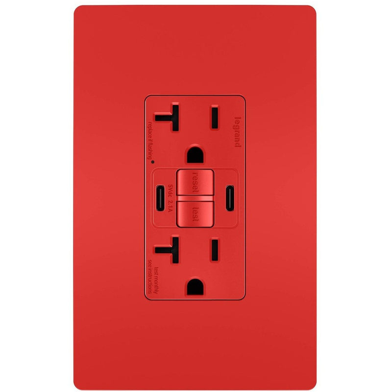 GFCI with USB-CC Charging Combo Outlet, Tamper Resistant, 20A, Red