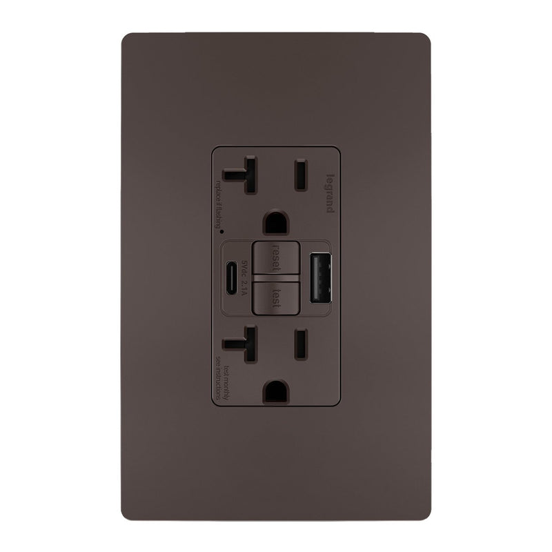 2097TRUSBAC, USB-AC Charging and GFCI Outlet, 20A, Brown, Front, Includes Wall Plate
