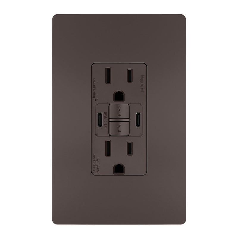 GFCI with USB-CC Charging Combo Outlet, Tamper Resistant, 15A, Brown, Includes Wall Plate