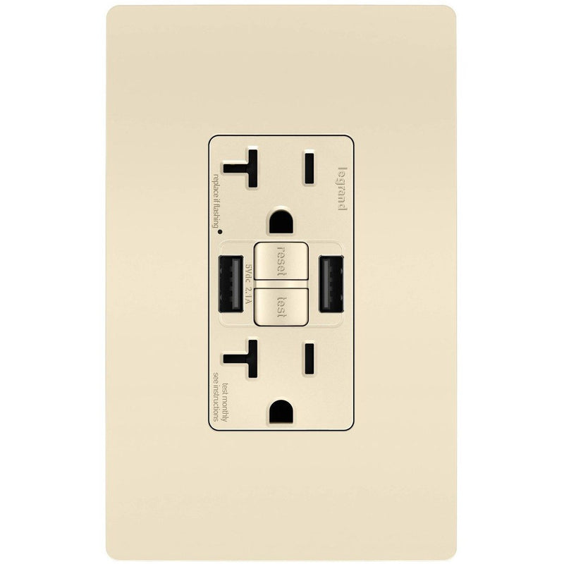 GFCI with USB-AA Charging Combo Outlet, Tamper Resistant, 20A, Light Almond, Includes Wall Plate