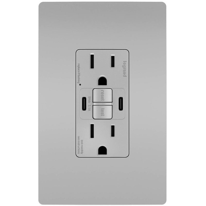 GFCI with USB-CC Charging Combo Outlet, Tamper Resistant, 15A, Gray, Includes Wall Plate
