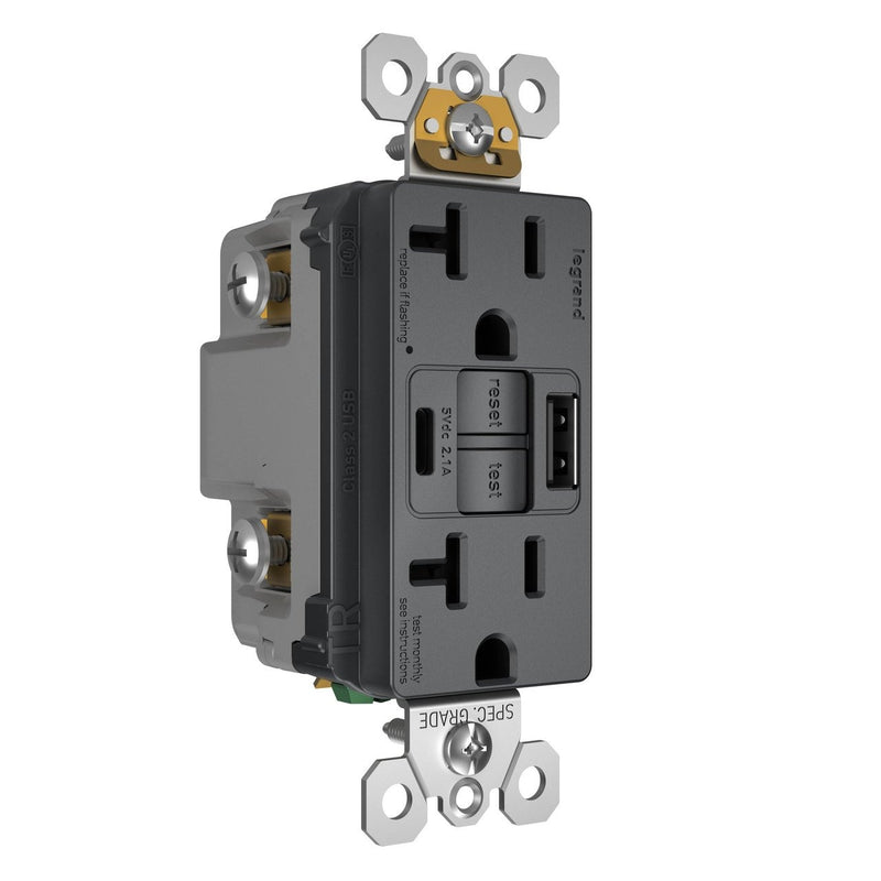 2097TRUSBACG, USB-AC Charging and GFCI Outlet, 20A, Graphite, Left Side