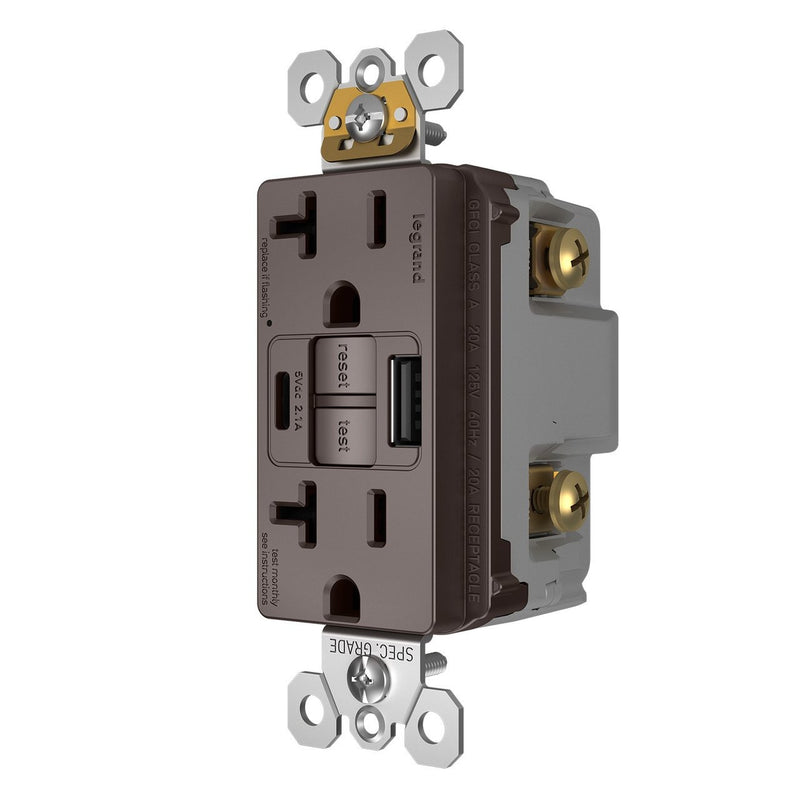 2097TRUSBAC, USB-AC Charging and GFCI Outlet, 20A, Brown, Right Side