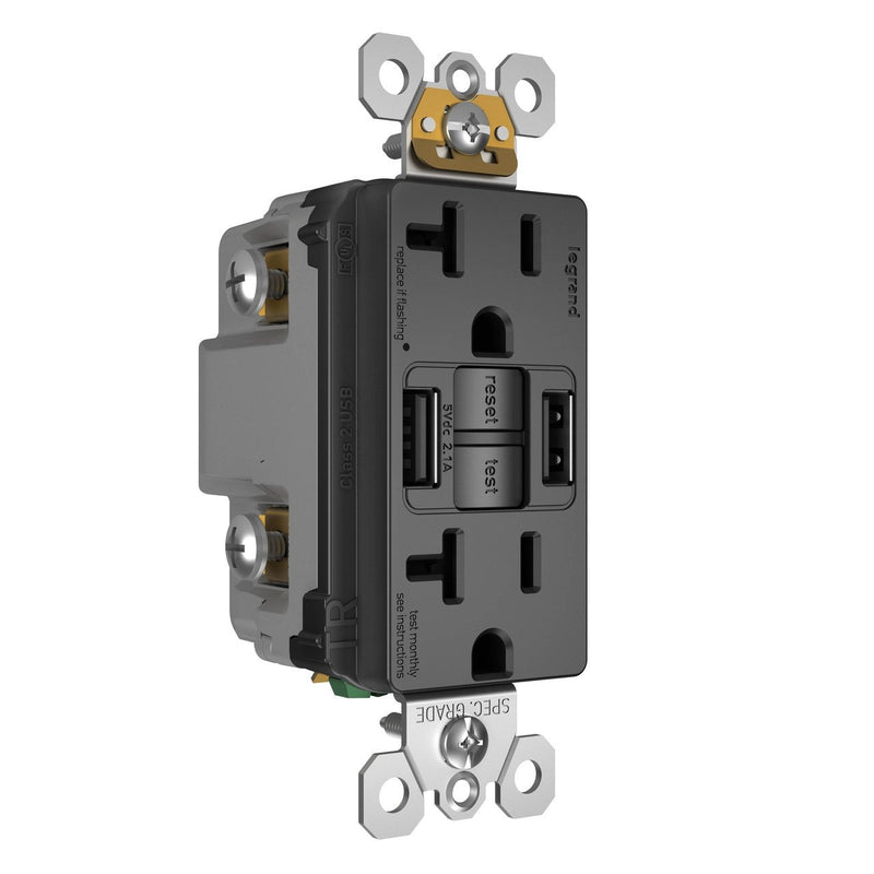 GFCI with USB-AC Charging Combo Outlet, Tamper Resistant, 20A, Black, Left Side