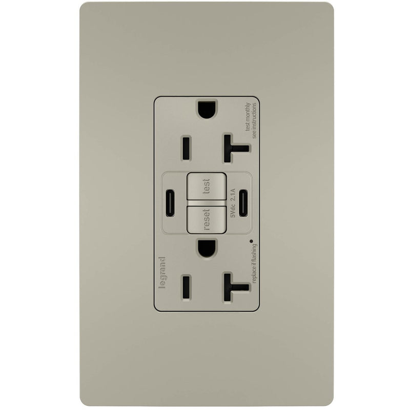 GFCI with USB-CC Charging Combo Outlet, Tamper Resistant, 20A, Nickel, Includes Wall Plate