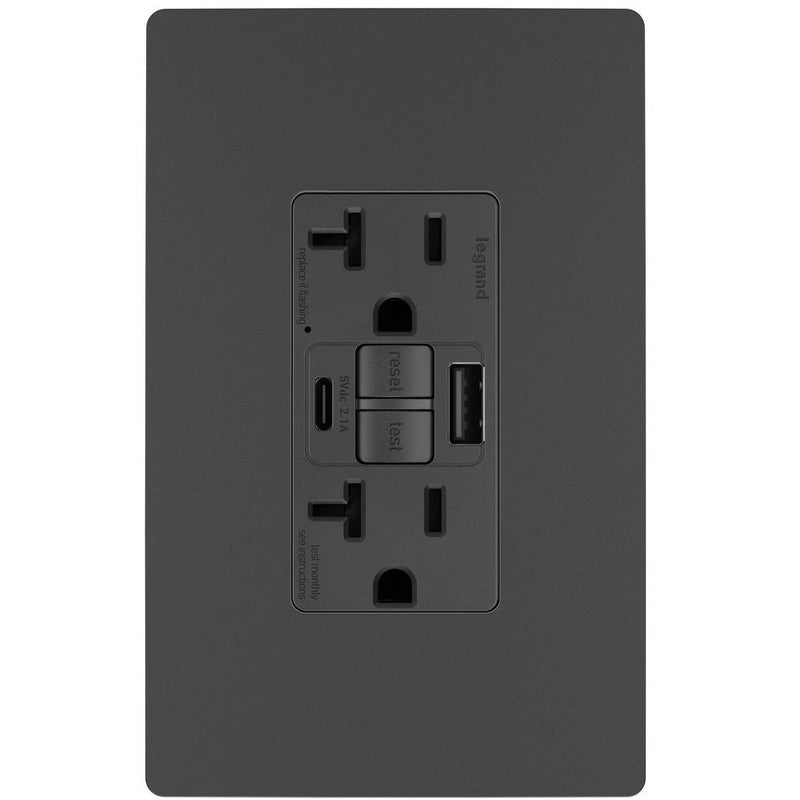 2097TRUSBACG, USB-AC Charging and GFCI Outlet, 20A, Graphite, Front, Includes Wall Plate