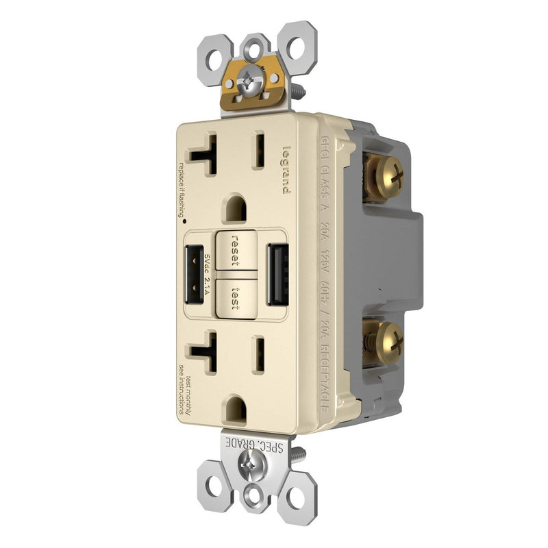 GFCI with USB-AA Charging Combo Outlet, Tamper Resistant, 20A, Light Almond, Right Side