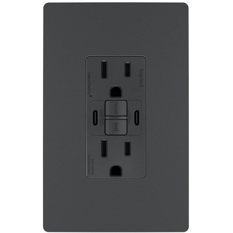 GFCI with USB-CC Charging Combo Outlet, Tamper Resistant, 15A, Graphite, Includes Wall Plate