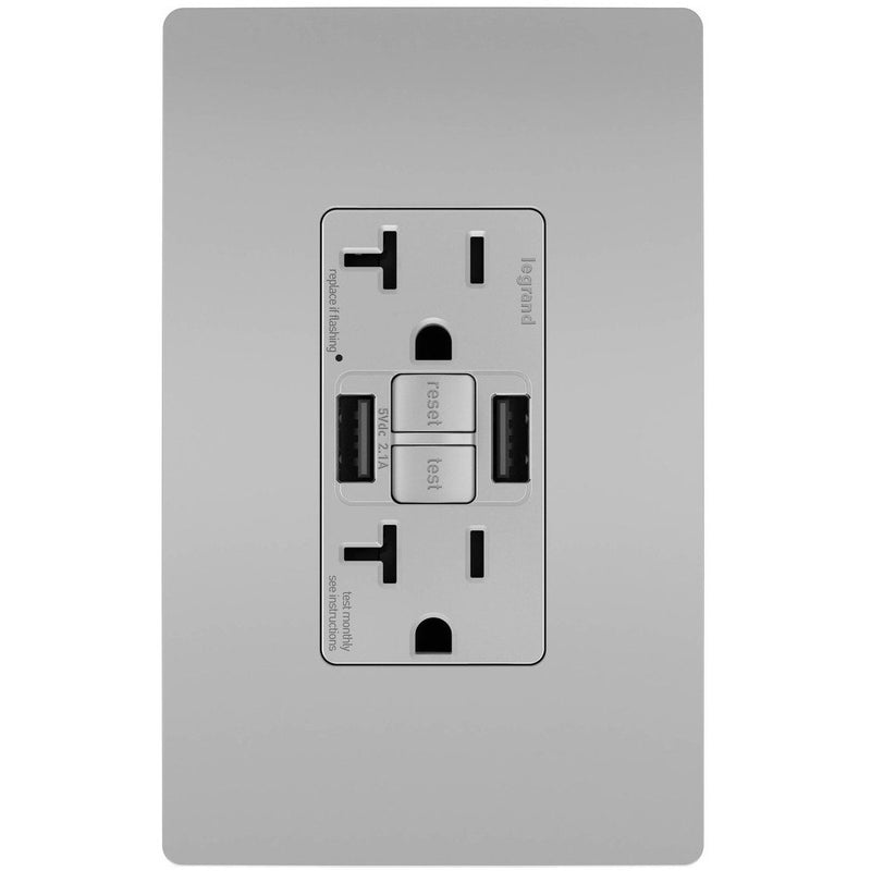 GFCI Outlet with USB Charger, 20A, Gray, Includes Wall Plate