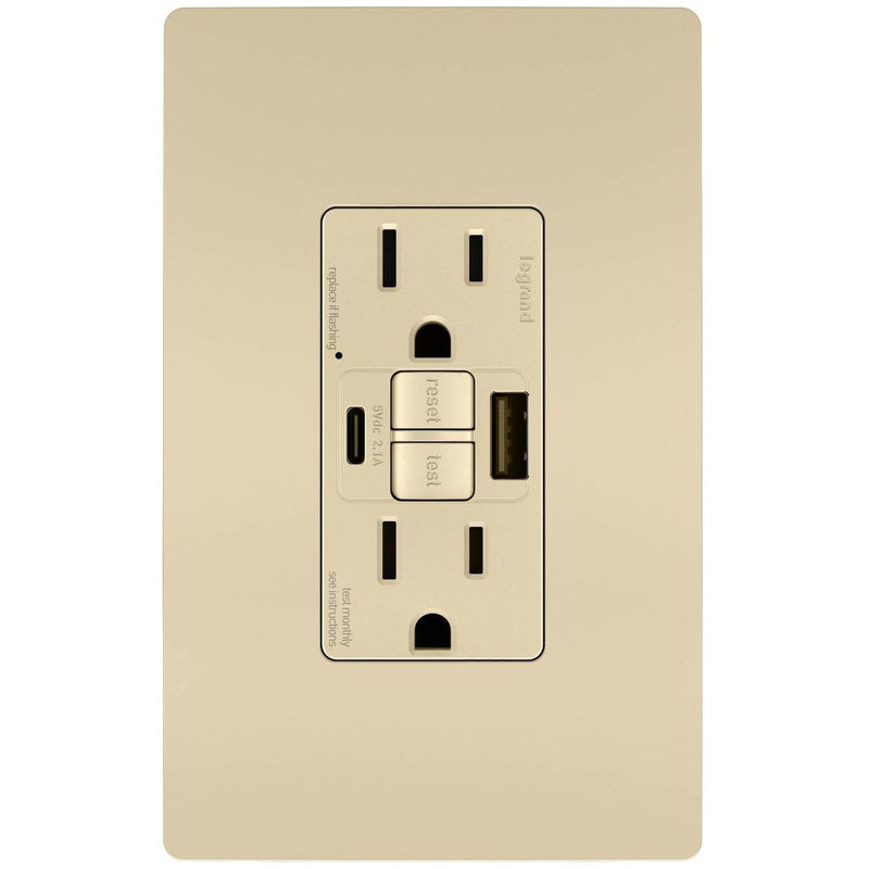 GFCI with USB-AC Charging Combo Outlet, Tamper Resistant, 15A, Ivory, Includes Wall Plate
