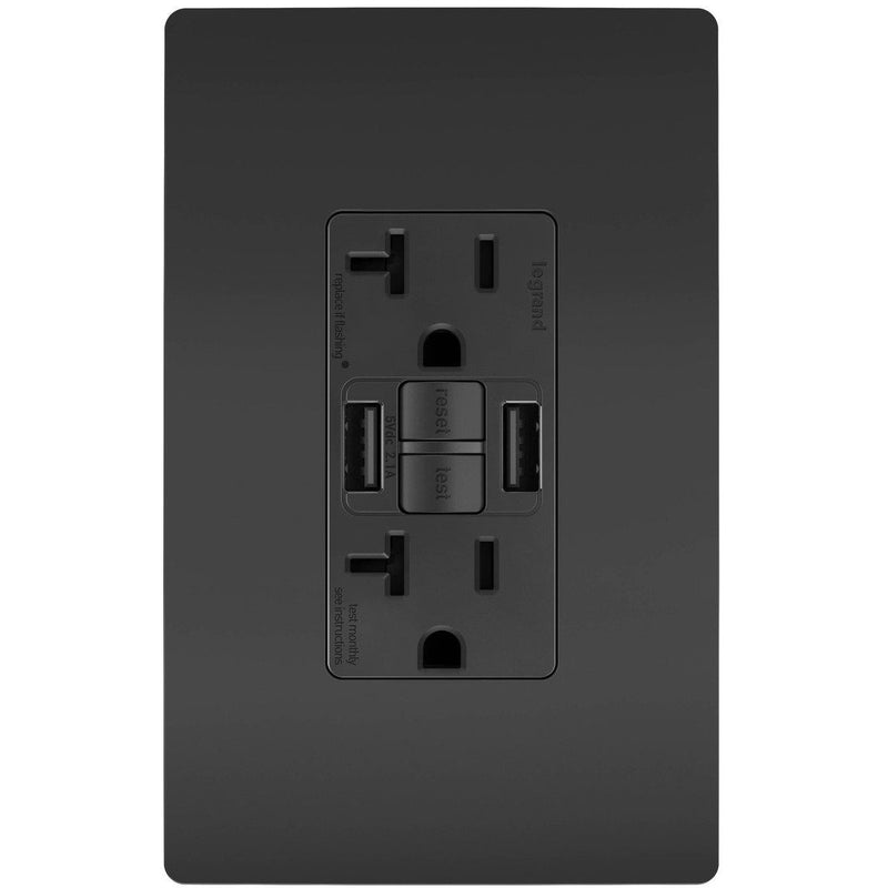 GFCI with USB-AC Charging Combo Outlet, Tamper Resistant, 20A, Black, Includes Wall Plate