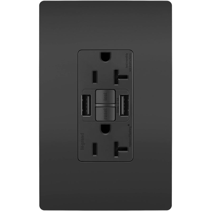 GFCI with USB-AA Charging Combo Outlet, Tamper Resistant, 20A, Black, Incudes Wall Plate