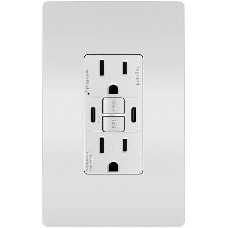 GFCI with USB-CC Charging Combo Outlet, Tamper Resistant, 15A, White, Includes Wall Plate