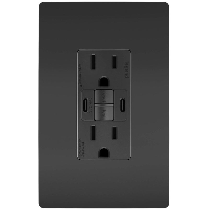 GFCI with USB-CC Charging Combo Outlet, Tamper Resistant, 15A, Black, Includes Wall Plate