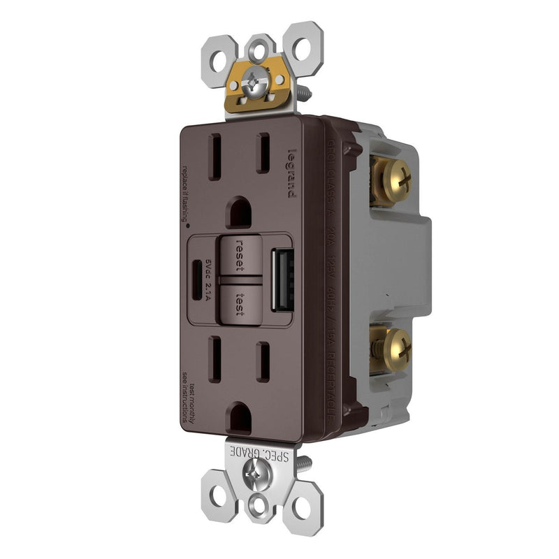 GFCI with USB-AC Charging Combo Outlet, TR, 15A, Dark Bronze, Right Side