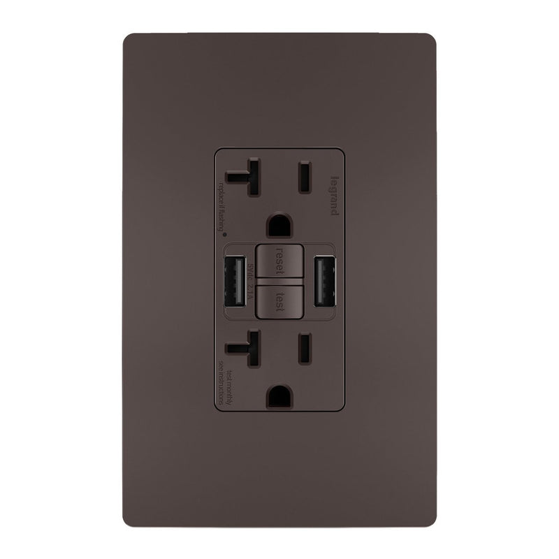 GFCI with USB-AA Charging Combo Outlet, Tamper Resistant, 20A, Brown, Includes Wall Plate