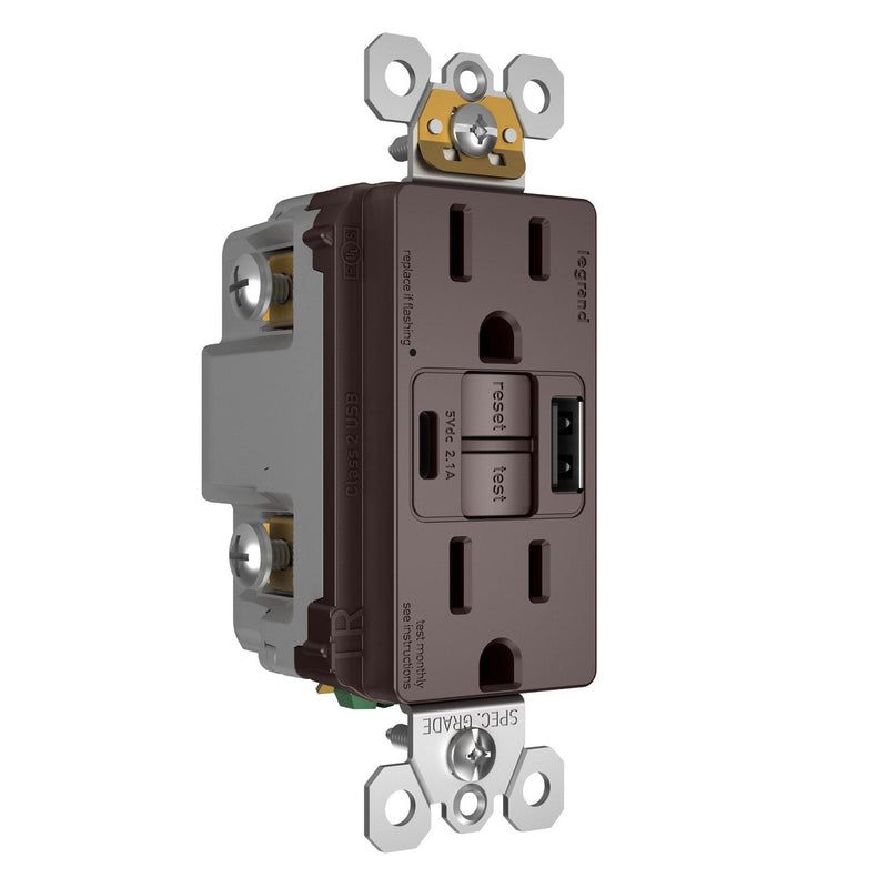 GFCI with USB-AC Charging Combo Outlet, TR, 15A, Dark Bronze