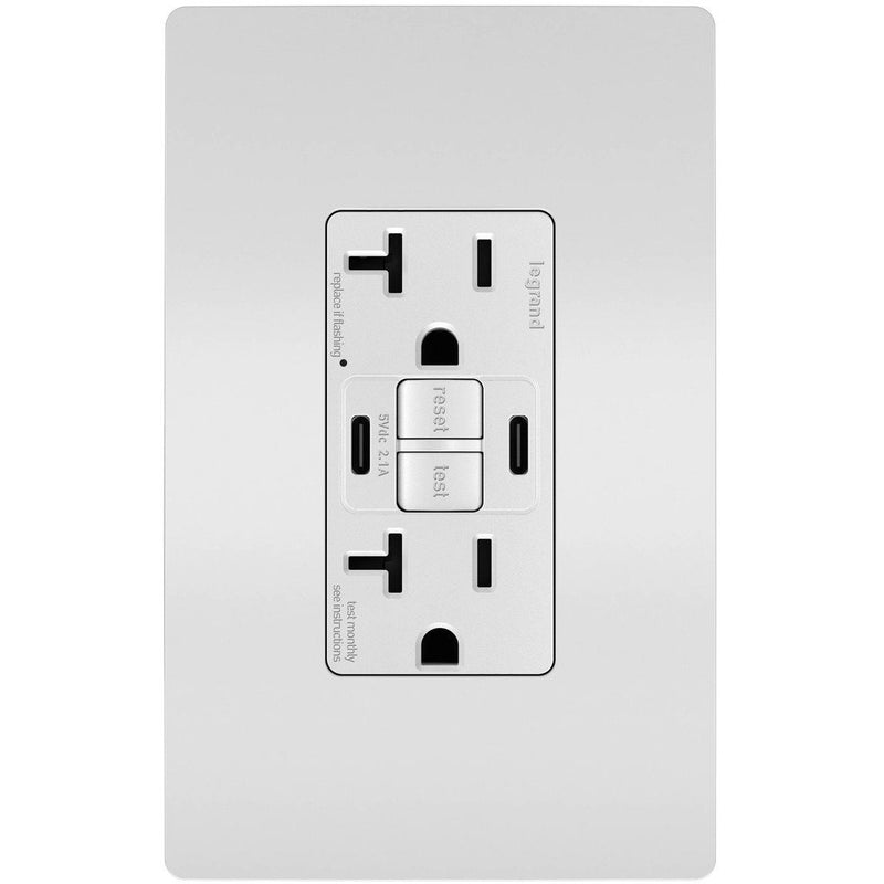 GFCI with USB-CC Charging Combo Outlet, Tamper Resistant, 20A, White, Includes Wall Plate