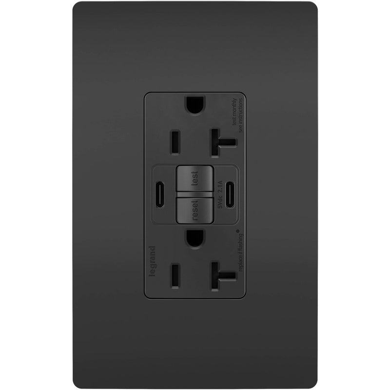 GFCI with USB-CC Charging Combo Outlet, Tamper Resistant, 20A, Black, Includes Wall Plate