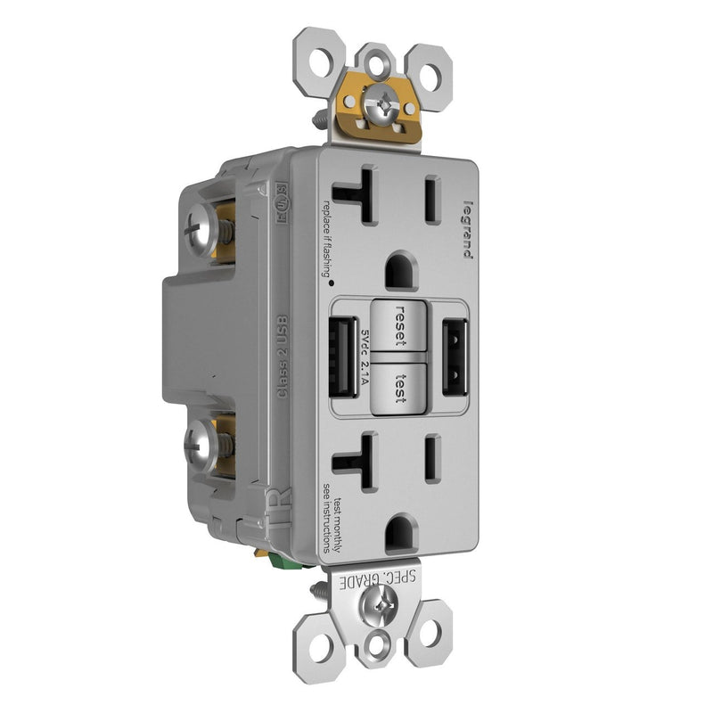 GFCI Outlet with USB Charger, 20A, Gray, Left Side