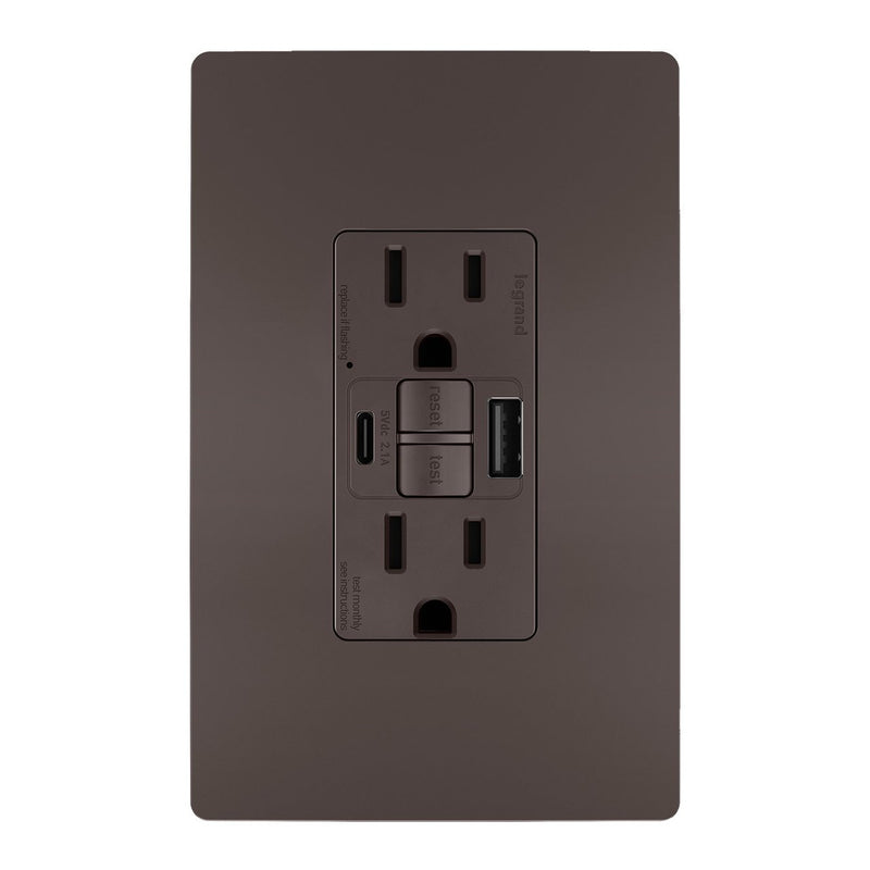 GFCI with USB-AC Charging Combo Outlet, Tamper Resistant, 15A, Brown, Includes Wall Plate