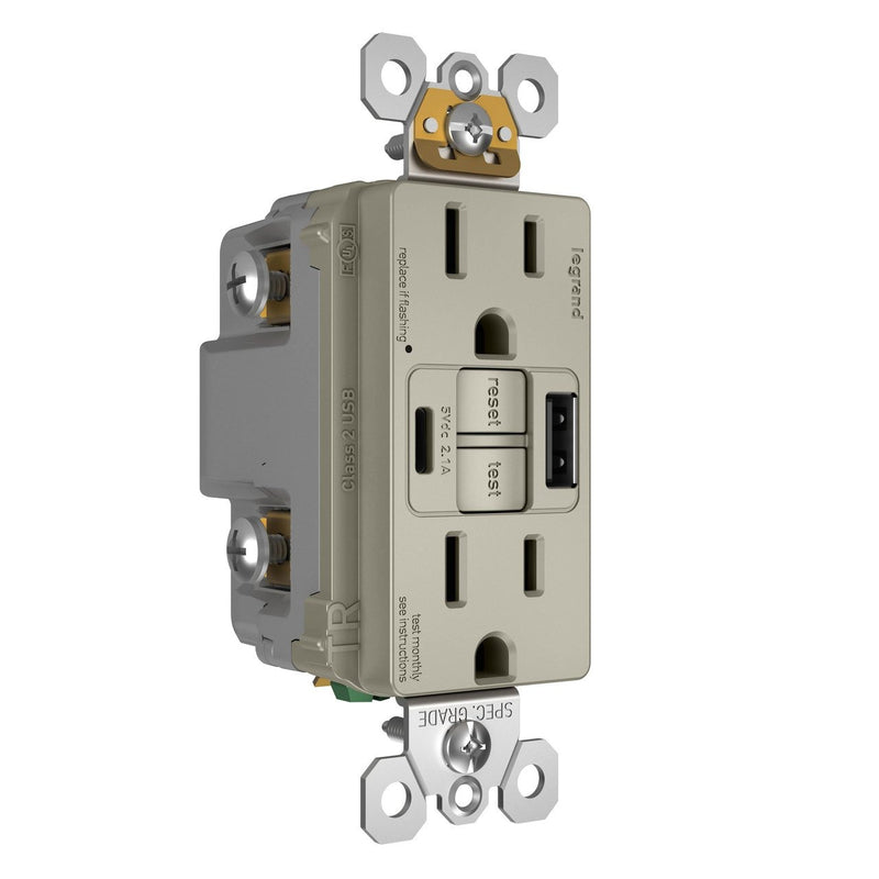 GFCI with USB-AC Charging Combo Outlet, Tamper Resistant, 15A, Nickel, Left Side