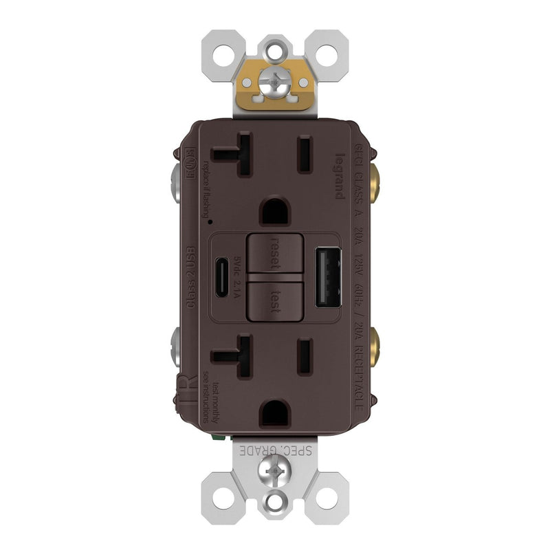 Legrand 2097TRUSBACDB GFCI and USB Charger Combo Outlet, Dark Bronze, Front