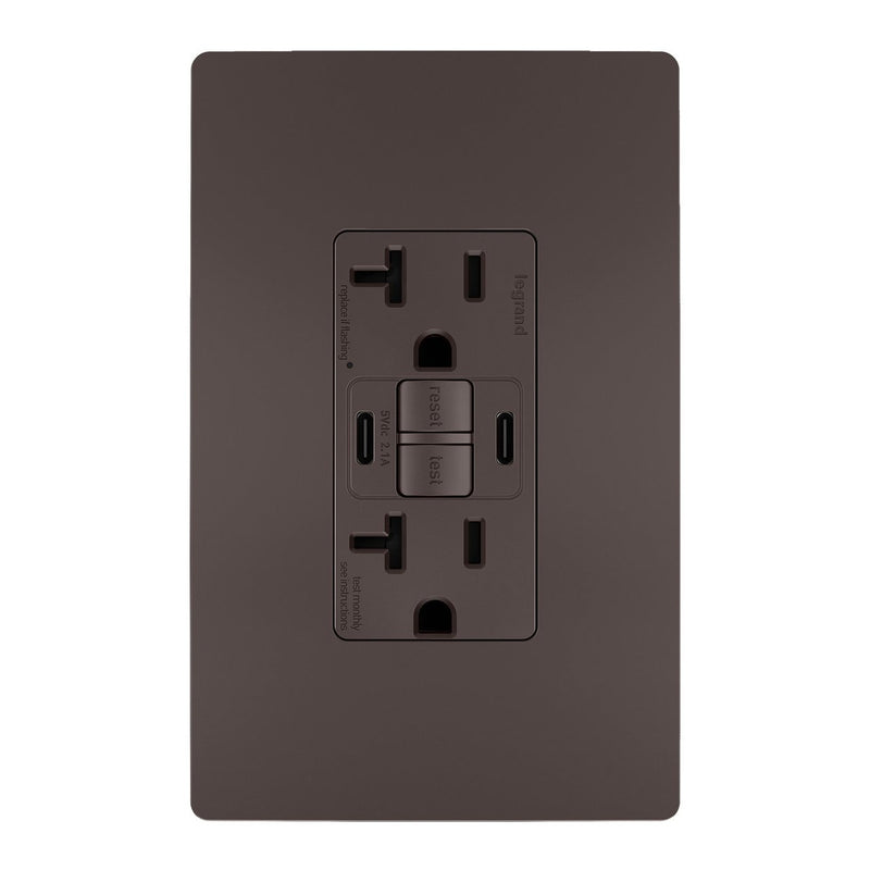 GFCI with USB-CC Charging Combo Outlet, Tamper Resistant, 20A, Brown, Includes Wall Plate