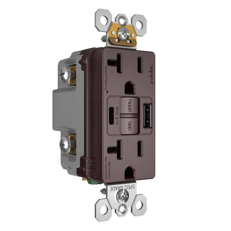 Legrand 2097TRUSBACDB GFCI and USB Charger Combo Outlet, Dark Bronze, Left Side