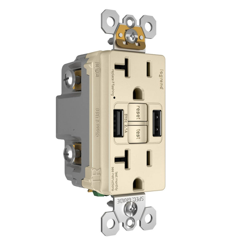 GFCI with USB-AA Charging Combo Outlet, Tamper Resistant, 20A, Light Almond, Right Side