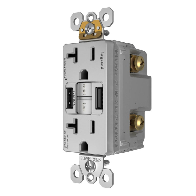 GFCI Outlet with USB Charger, 20A, Gray, Right Side