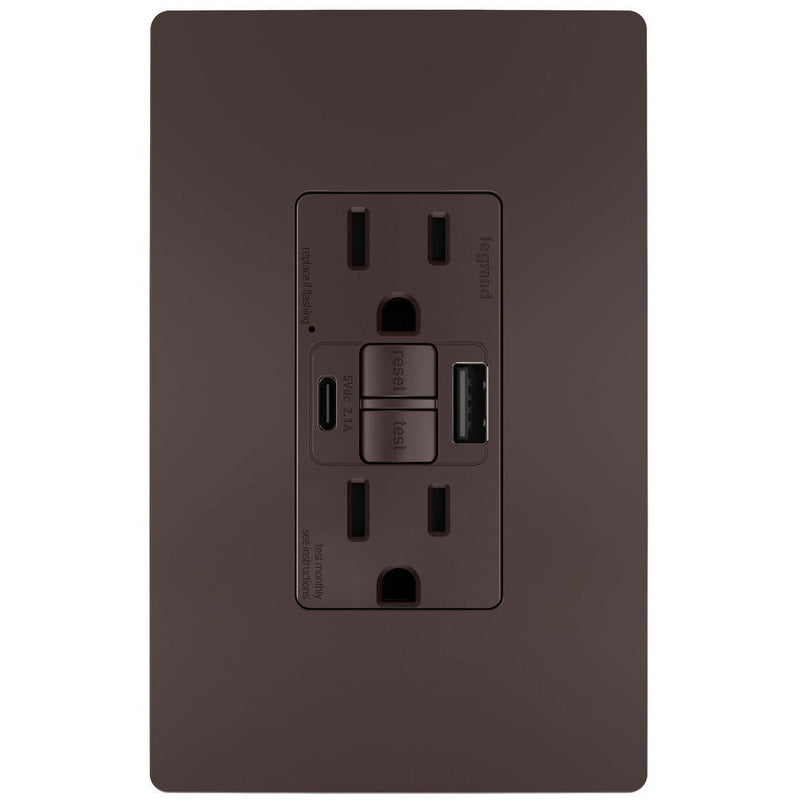 GFCI with USB-AC Charging Combo Outlet, TR, 15A, Dark Bronze, Includes Wall Plate