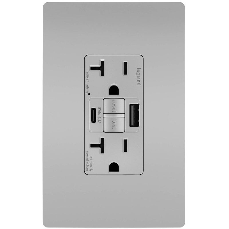 2097TRUSBACGRY, USB-AC Charging and GFCI Outlet, 20A, Gray, Front, Includes Wall Plate