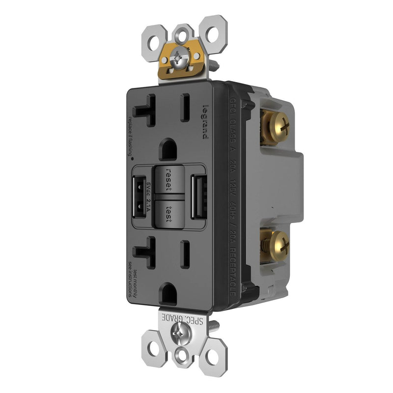 GFCI with USB-AC Charging Combo Outlet, Tamper Resistant, 20A, Black, Right Side