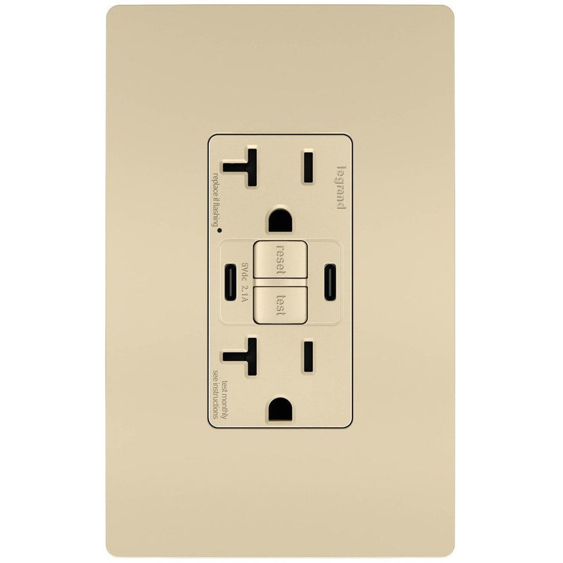 GFCI with USB-CC Charging Combo Outlet, TR, 20A, Light Almond, Includes Wall Plate