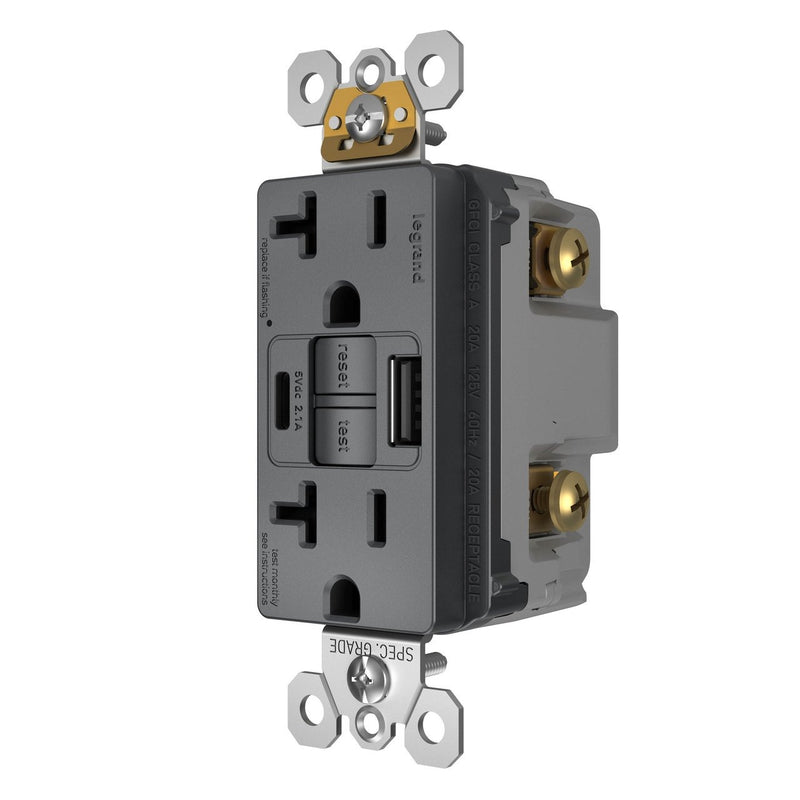 2097TRUSBACG, USB-AC Charging and GFCI Outlet, 20A, Graphite, Right Side
