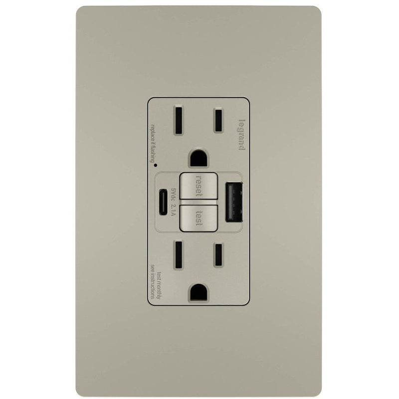 GFCI with USB-AC Charging Combo Outlet, Tamper Resistant, 15A, Nickel, Includes Wall Plate